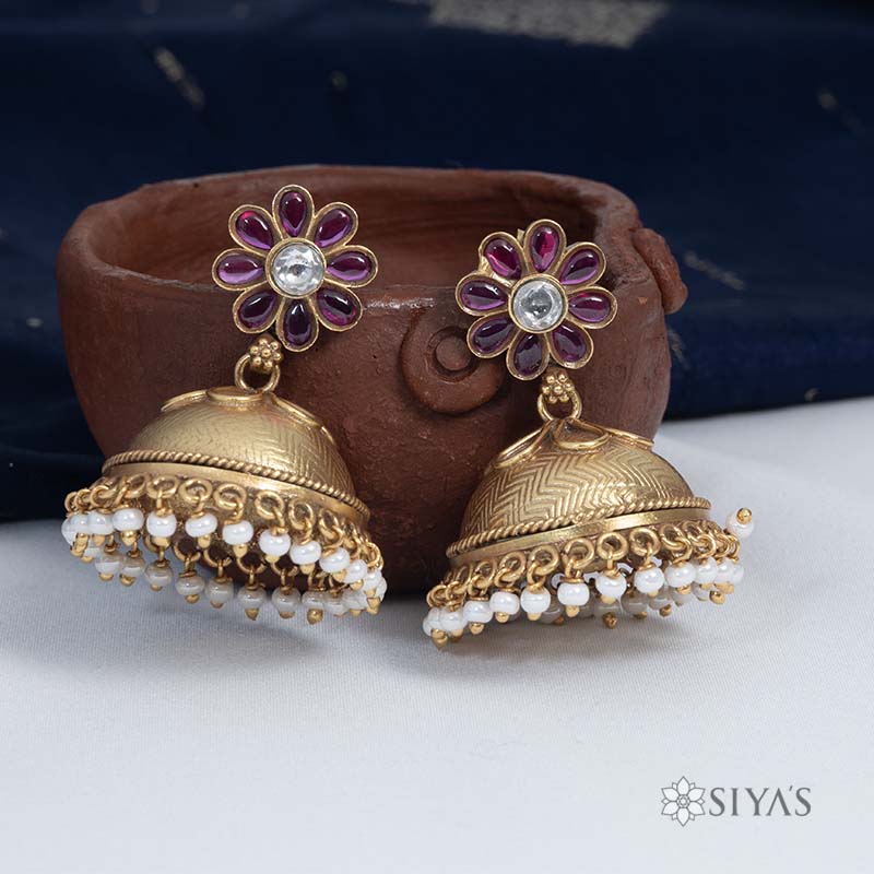 Red stone flower jhumki
