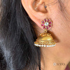 Red stone flower jhumki