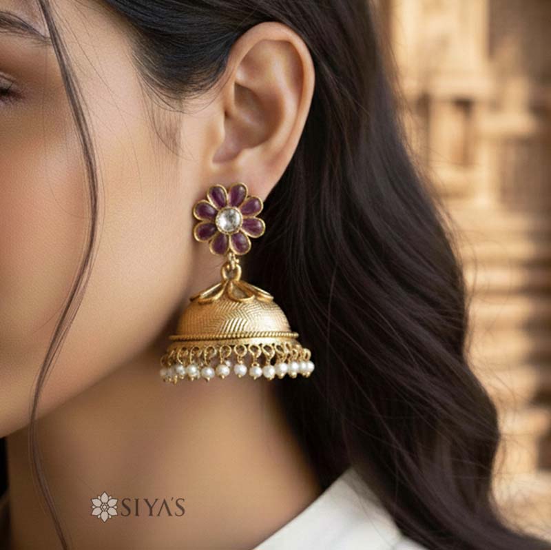 Red stone flower jhumki