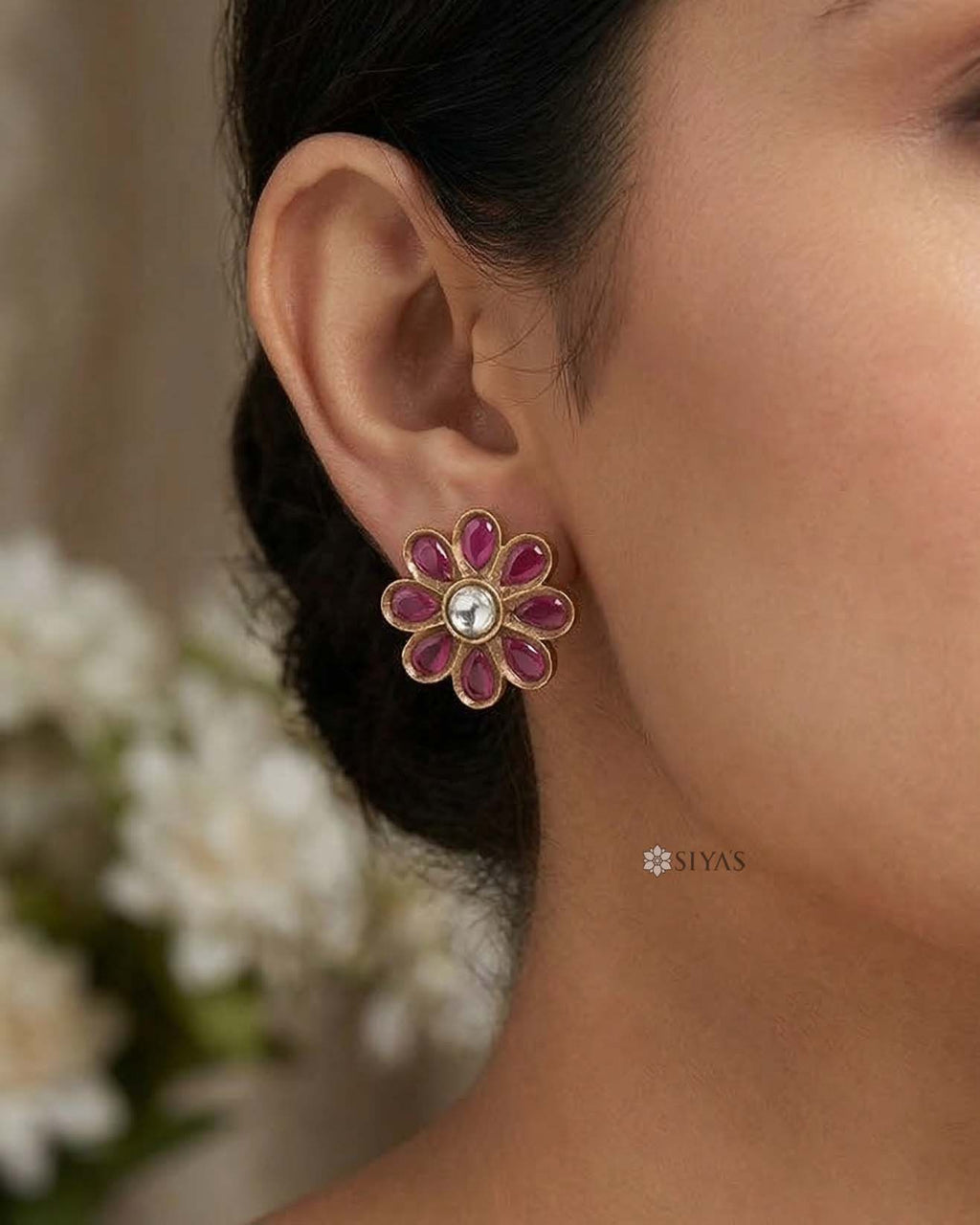 Red stone flower studs