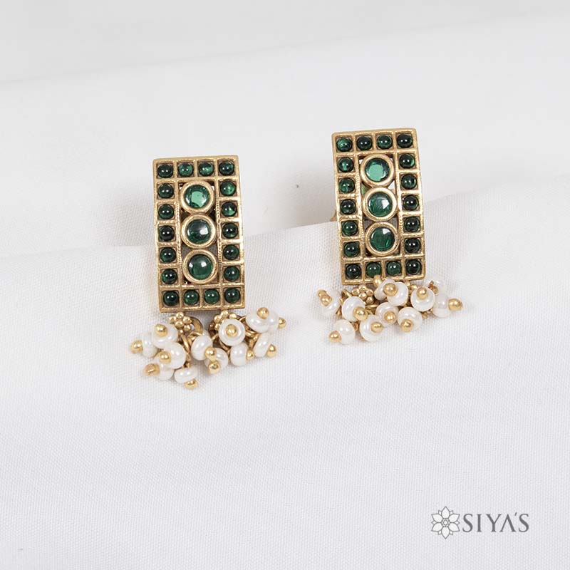 Rectangle green stones with pearl drops