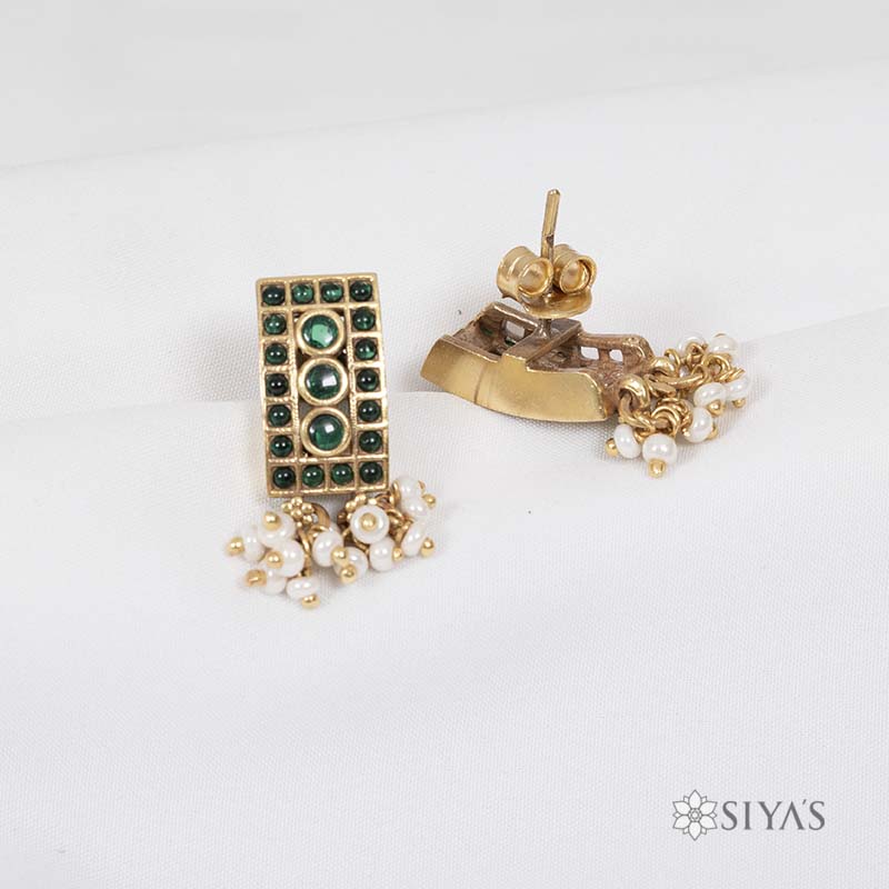 Rectangle green stones with pearl drops
