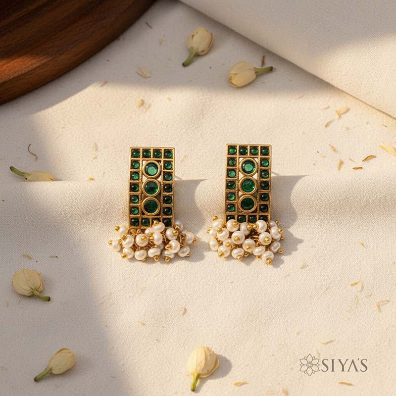 Rectangle green stones with pearl drops