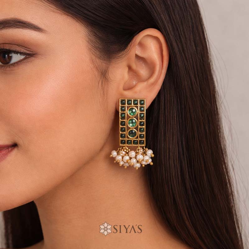 Rectangle green stones with pearl drops