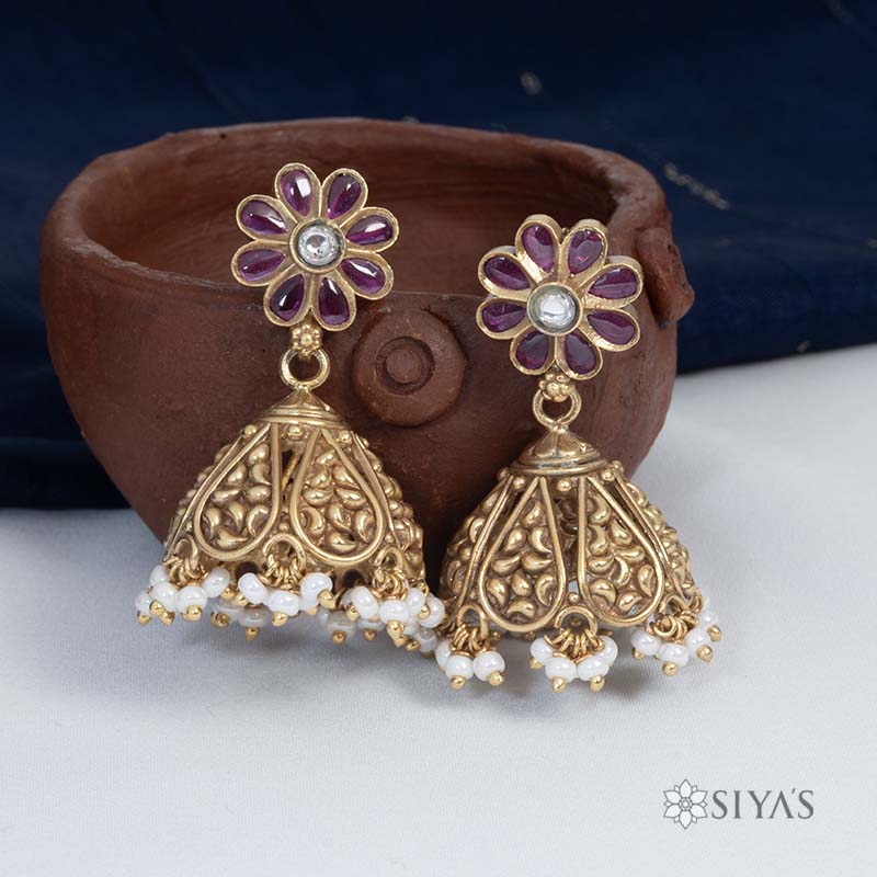 Red stone flower Antique jumka
