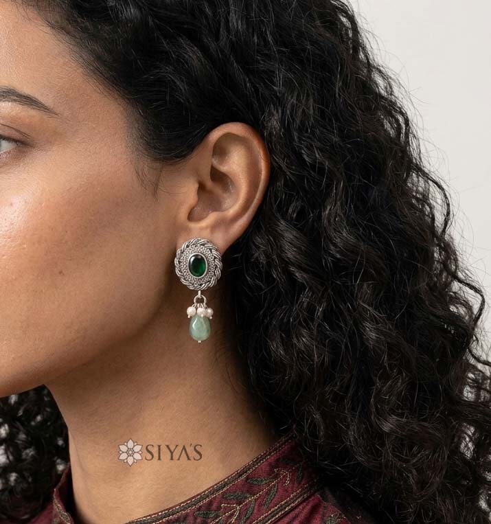 Green stone studs with green drop