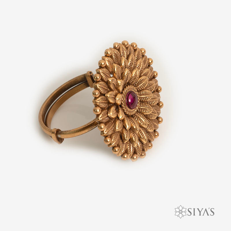 Layered leaf red stone ring