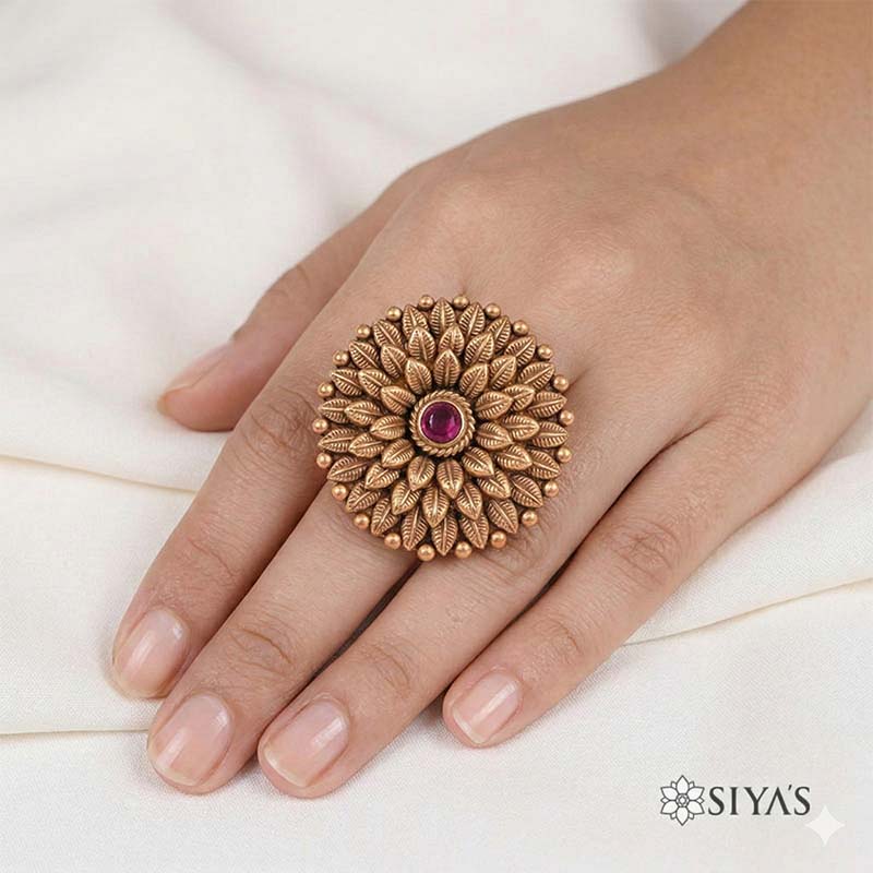 Layered leaf red stone ring