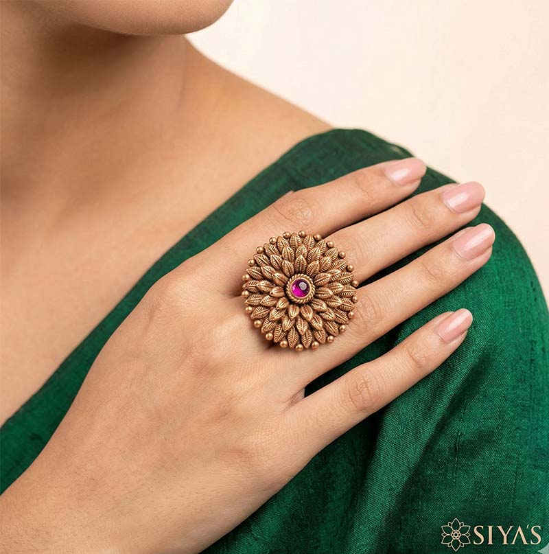 Layered leaf red stone ring